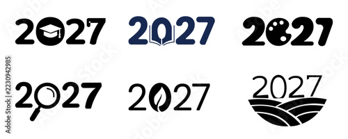 2027 Education Logos with Graduation Book Leaf and Landscape Symbols