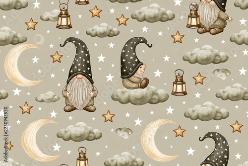 Cute  funny cartoon gnome with vintage lantern, moon and stars, seamless pattern