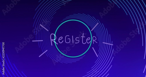Displaying central teal double-stroked ring on indigo gradient, showing Register text, arcs, ticks