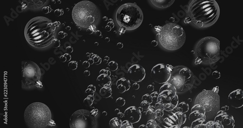 Floating shiny spherical ornaments drifting through dark studio backdrop, with soap bubbles