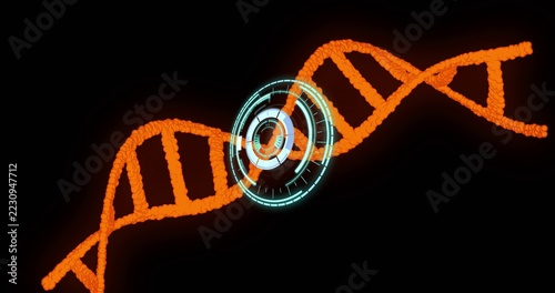 Displaying orange double-helix DNA floating diagonally in dark studio void, with cyan HUD