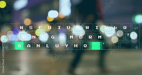 Displaying pixel keyboard overlay across wet crossing, with green keys and blurred walkers in coats