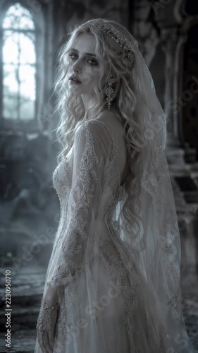 Bride in ornate wedding gown and veil standing in a historic chapel. Bridal fashion, wedding ceremony and romantic elegance. Gothic wedding style. Three cinematic portrait. Vertical video