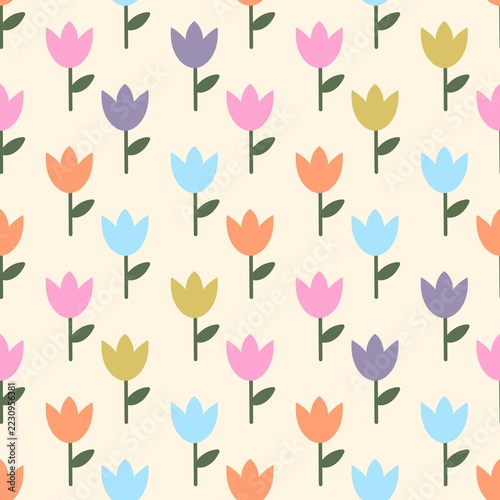 Colorful Pastel Tulip Seamless Pattern on Cream Background