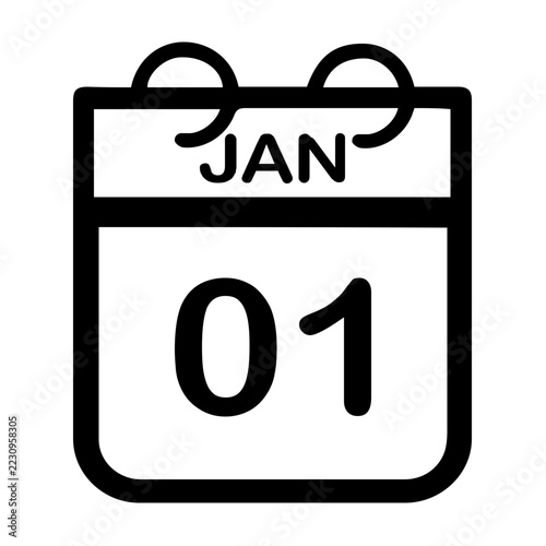 Black vector icon of a wall calendar showing January 1. Symbol for New Year Day, fresh start, new beginning, and holiday planning.