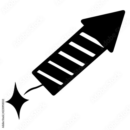 Black vector icon of a flying firework rocket with a burning fuse. Symbol of excitement, pyrotechnics, celebration, and New Year countdown.
