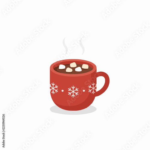 cozy steaming mug of hot chocolate with marshmallows winter flat vector illustration isolated on white background