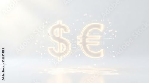 A digital art illustration of glowing currency symbols representing a trading money loss scenario on a bright white background with soft bokeh effects and reflective surfaces