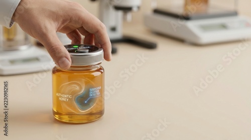 Honey authenticity and food fraud detection illustrated by a sensor-equipped jar lid flagging suspected dilution during a hand-held purity check