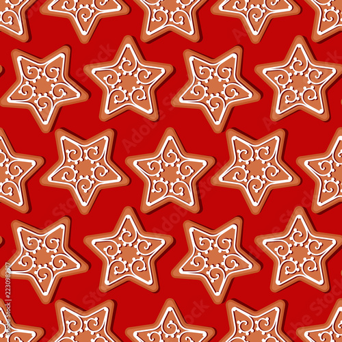 Seamless Christmas Pattern with Icing Decorated Gingerbread Cookies on Red Background