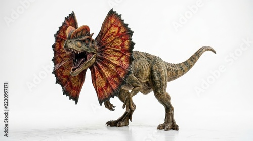 A detailed studio photograph of a roaring dinosaur toy featuring a vibrant orange and red frill around its neck against a clean white background in a well lit setting