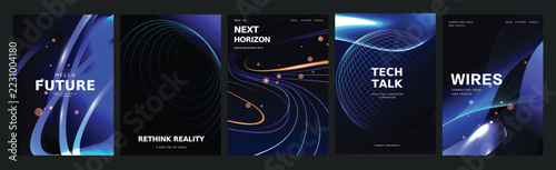 Futuristic Tech Event Poster Collection vector with Blue Luminous Curves, Circular Mesh Tunnels and Abstract Gradient Backgrounds