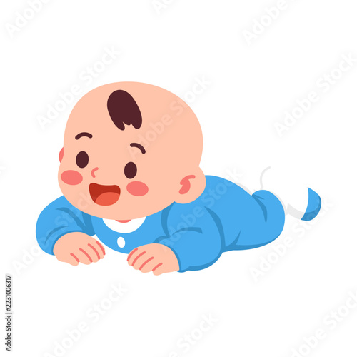 Cute Happy Baby Boy Crawling in Blue Pajamas Vector Illustration