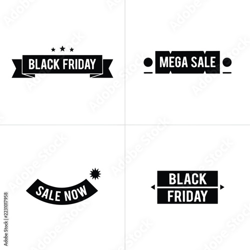 Set of four black and white promotional badges with black friday and mega sale text, isolated on a white background