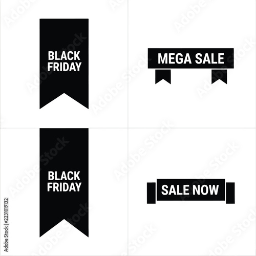 Set of four black and white sale labels, featuring vertical black friday banners and horizontal rectangular tags with mega sale and sale now text