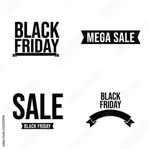Set of four black and white typographic badges for black friday and mega sale events, featuring bold sans serif text and decorative ribbons
