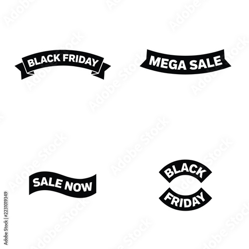 Set of four black ribbon banners with white sans serif text, featuring black friday, mega sale, and sale now promotional typography