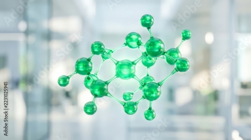 A glowing green molecular structure floats in a bright laboratory, symbolizing modern energy sources and scientific innovation through a detailed digital illustration