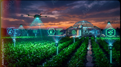 Smart Farming Technology with Holographic Data Over Wheat Field at Night