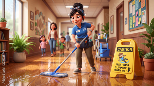 Mopping Wet Floor Behind Yellow Caution Sign