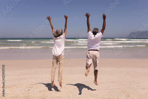 Senior couple with arms up jumping on beach