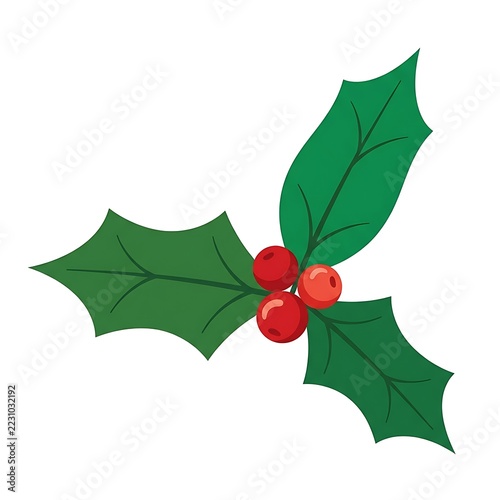 Illustration of holly leaf with bright red berries on transparent background