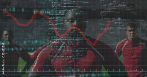 Image of statistics and data processing over rugby player in sports stadium