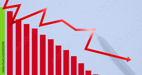Red and green bar graph with downward trend line, illustrating financial decline