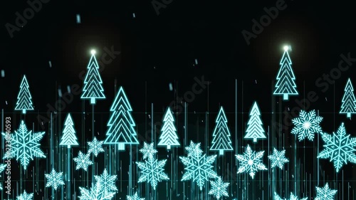 Neon Christmas Tree Snowflake Pattern Creating Festive Glowing Winter Holiday Atmosphere Against Dark Background