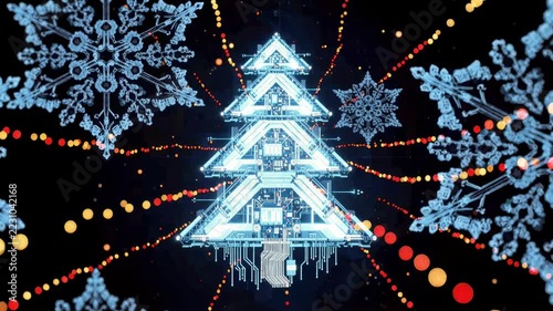 Digital Christmas Tree Snowflake Ornament Holiday Light Display with Glowing Decoration and Sparkling Bokeh on Dark Background