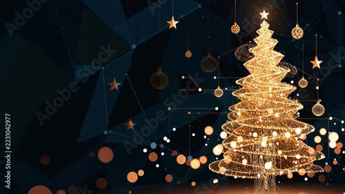 Christmas Tree Golden Light Decoration with Glowing Ornament, Star, Festive Holiday Winter Celebration Background