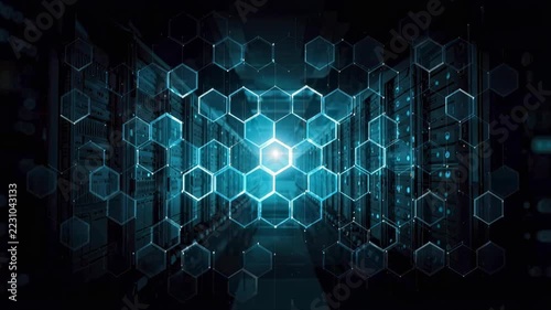 Cyber Security Server Room with Glowing Hexagon Network, Futuristic Data Center and Abstract Digital Technology Tunnel