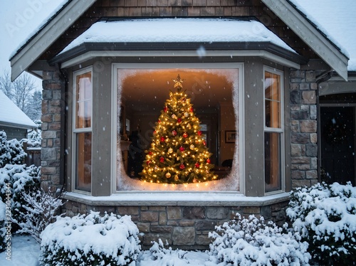 Warm Christmas Tree Glowing Through Snowy Window of Beautiful House Exterior Soft Winter Evening