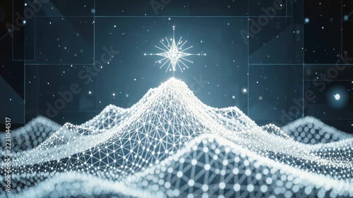 Digital Landscape Mountain Network with Glowing Star, Abstract Technology Waves Above Snowy Wireframe Peak, Futuristic Depth