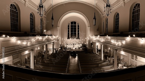 An empty historic church interior with soft lighting and rows of seating, showcasing a peaceful and serene architectural space for reflection.