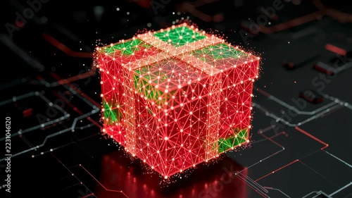 Red Glowing Cube Digital Network Technology Data Security Hologram with Futuristic Computing Interface and Dark Circuit Board
