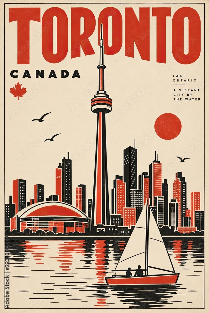 Fototapeta premium Vintage travel poster featuring Toronto’s skyline, the CN Tower, and a sailboat on Lake Ontario beneath a red sun.
