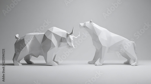 Bull and bear expressed as opposing market states through elegant minimal forms designed for rapid interpretation in financial media, disciplined digital environment with orderly spacing and professio