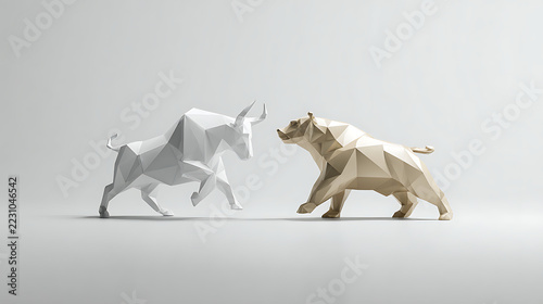 Bull and bear expressed as opposing market states through elegant minimal forms designed for rapid interpretation in financial media, disciplined digital environment with orderly spacing and professio