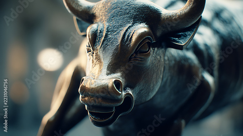 Bull and bear integrated as symbolic stock market forces influencing an investor’s expression, body language, and sense of control in a grounded educational setting, realistic finance environment tail