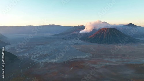 Aerial view of Amazing Mount Bromo volcano during sunrise sky,Beautiful Mountains Penanjakan in Bromo Tengger Semeru National Park,East Java,Indonesia.Nature landscape background,High quality video