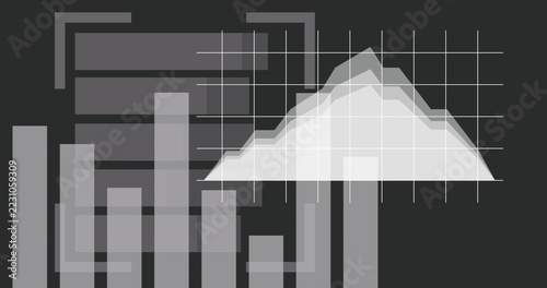 Abstract financial graph with rising bars and line chart on dark background