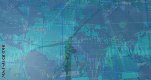 Overlaying digital world map with financial charts, illustrating global economy trends