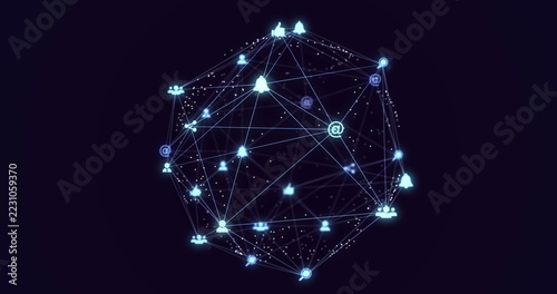 Digital network connections forming glowing sphere with various icons and symbols