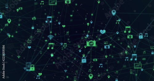 Floating digital network icons symbolizing connectivity and communication in abstract space