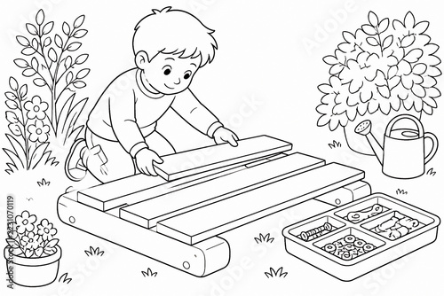 A young boy is playing a piano outdoors amidst flowers and plants.