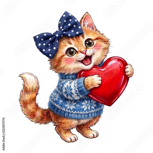 Orange kitten in a blue patterned knit sweater and polka dot bow hugging a red heart, mixed media with photorealistic textile texture, isolated on white background, square format, cozy love gift 