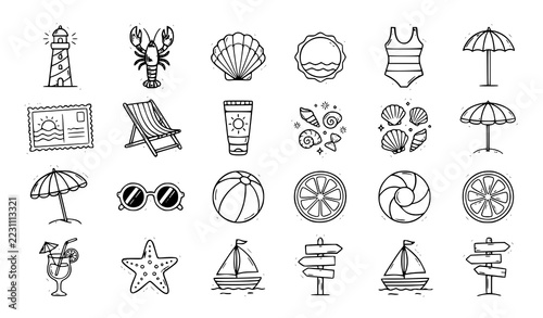 Cute Coastal Summer Holiday Doodle Icons with Beach Accessories and Marine Objects
