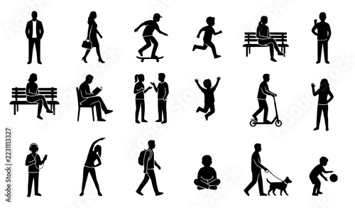 Diverse People Silhouette Icons Set with Men Women Children and Recreational Activities
