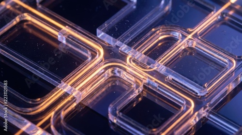 Transparent photonic circuit with glowing orange copper wiring on dark background